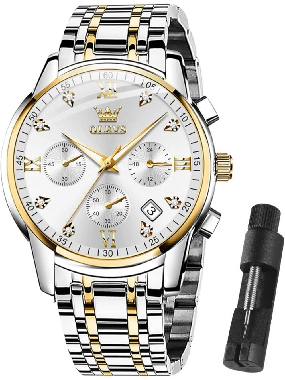 Olevs Men's Silver Multifunction White Face Waterproof Chronograph Wrist Watch